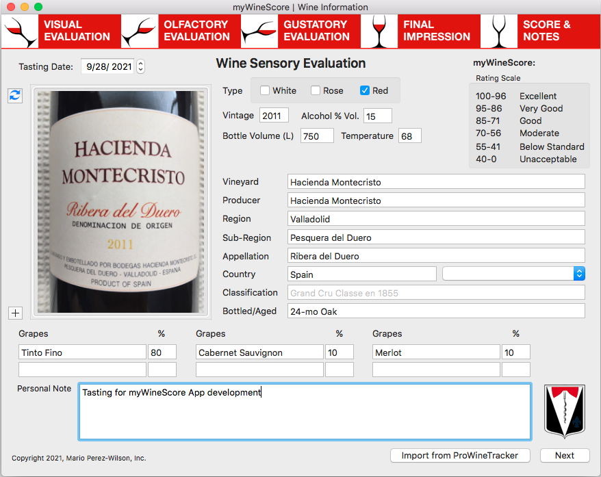 Wine Sensory Evaluation input data to App